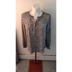 Talbots Blouse Medium — Black & White Abstract Print, Split Neck